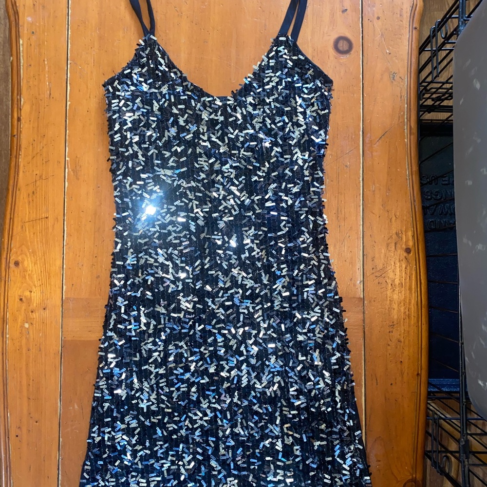 Wet Seal Black and Silver Sequin Mini Dress Sleeveless V-Neck
